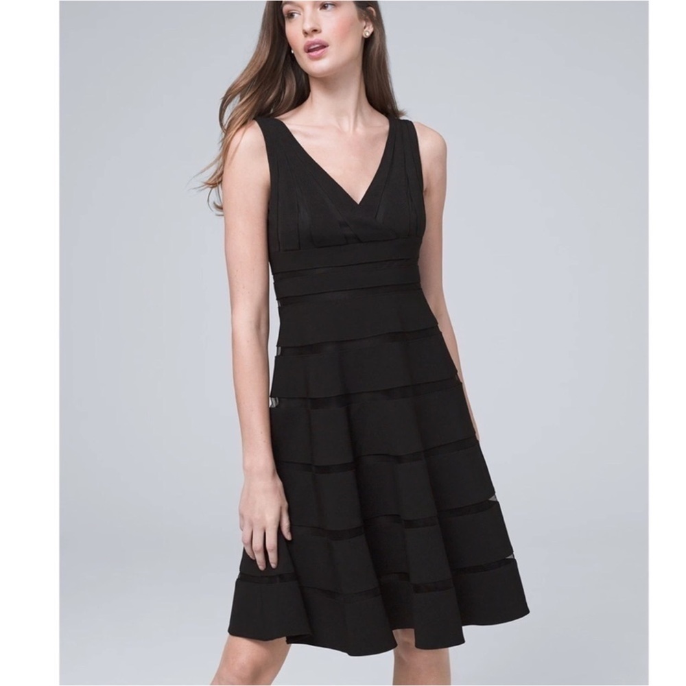 WHBM Black V-Neck Shadow Stripe Mesh Party Dress 00 - Picture 2 of 16